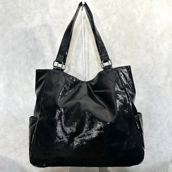 Kenneth Cole Reaction Large Quilted Tote Black Patent Leather Boho Shoulder Bag - Picture 2 of 8